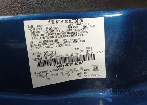 2008 Ford Focus Se/Ses из США, поврежденный, VIN 1FAHP35N28W165387